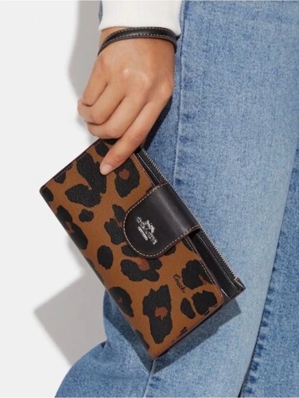 COACH Leopard Print Leather Wristlet Card Case - Brown & Black